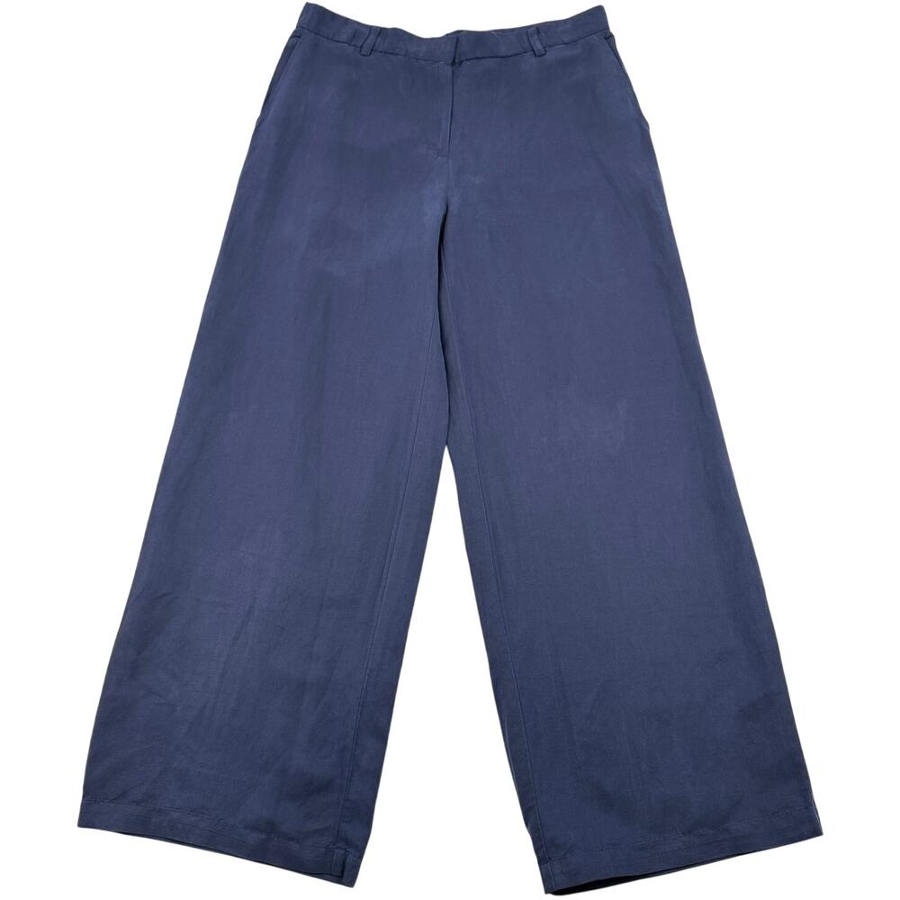 Eileen Fisher Linen Silk Twill Wide Leg Trouser Pants Navy Blue Medium NWT